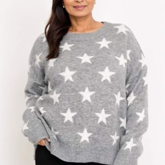 NWT Gilli Oversized Soft Gray White Star Pullover Sweater sz 1X - Picture 1 of 4